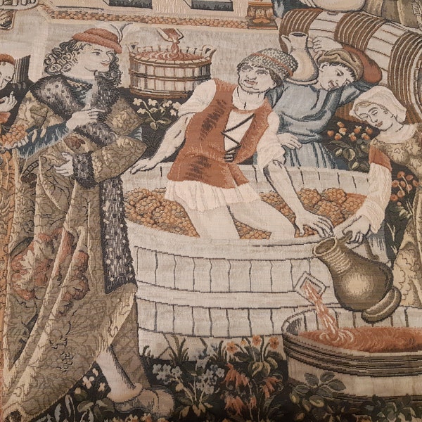 Vintage French Tapestry Antique Tapestry Wall Hanging Medieval Story of Winemaking home decor 49 X 26 inches
