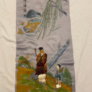 Antique Chinese Tapestry Vintage Chinese figural Textile Wall hanging Antique  Qing Dynasty Rare  Hand Painted Embroidered Silk Panel 32X15