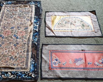 Antique chinese silk rare hand embroidered forbidden stitched textile wall hanging dynasty sign Peking embroidered textile sleeves panel old