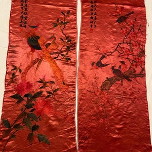 Antique Chinese Tapestry Vintage Chinese Textile Birds & floral Wall Hanging Pair Antique Qing Dynasty Hand Embroidered Dyed Silk Panel38X14