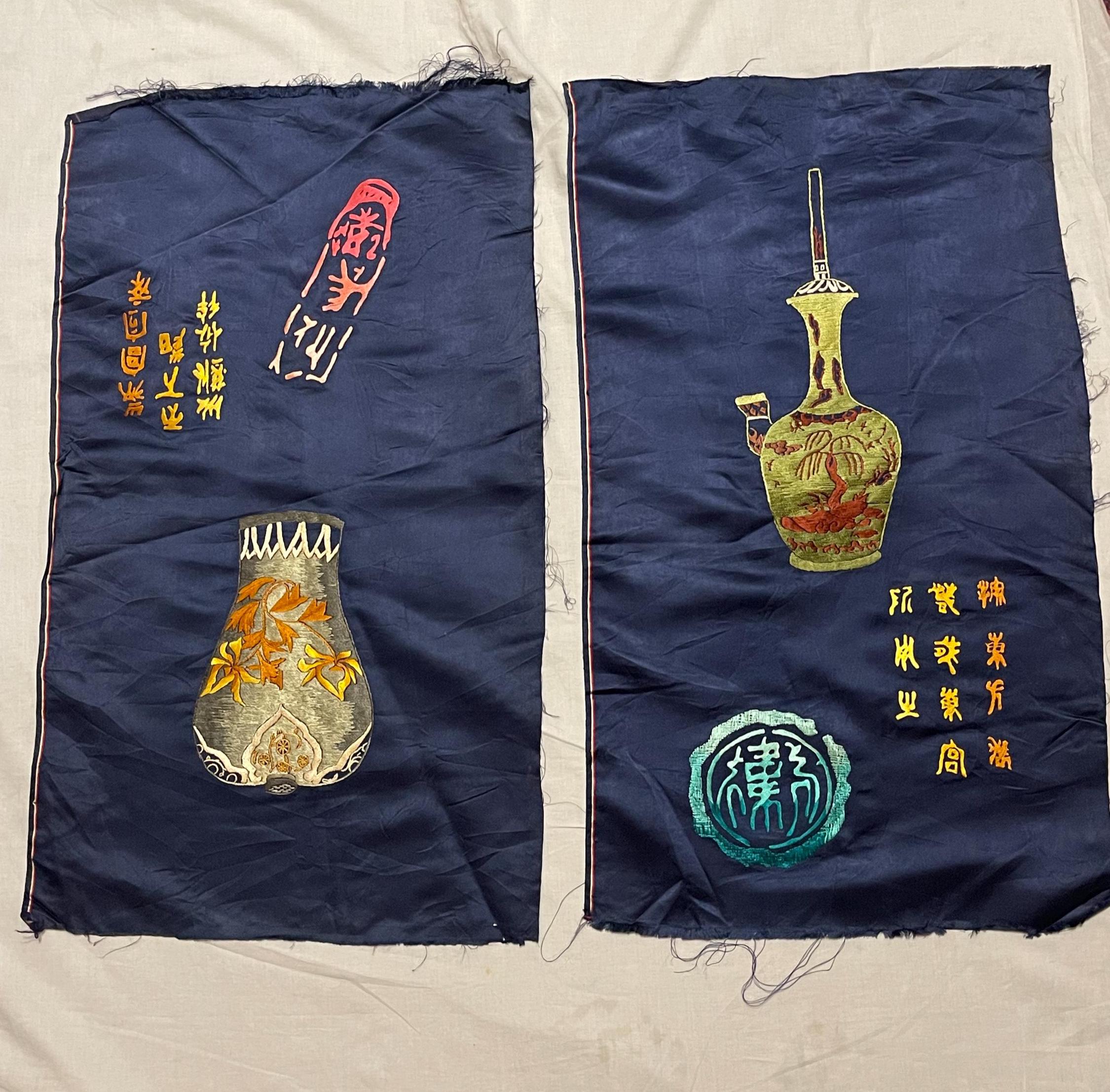 未使用 中国骨董 シルク 刺繍 ハンド刺繍 タペストリー 美術品 アンティーク中国シルク手刺繍ブルーシルクポットテキスタイルパネル