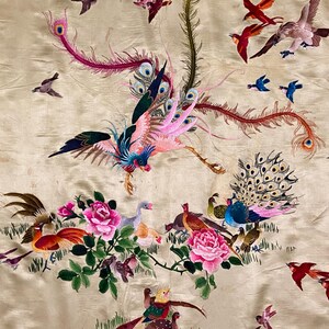 Broderie Soie Ancienne - Tableau Encadré Oiseaux Et Fleurs - Art Asiatique Chinois Japonais