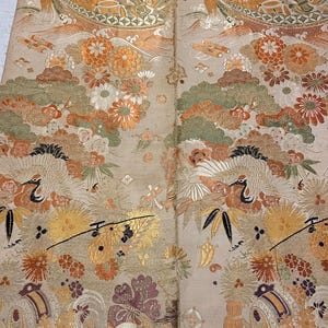Antique Textile Vintage Japanese Kimono Wedding Obi Silk Piece Crane Birds Flowers 60 X25 Inches Antique Japanese kimono belt Vintage Kimono