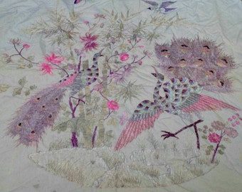 Antique Chinese silk rare Phoniex hand embroidered Textile wall hanging bird Tapestry birds of Paradise new year sale