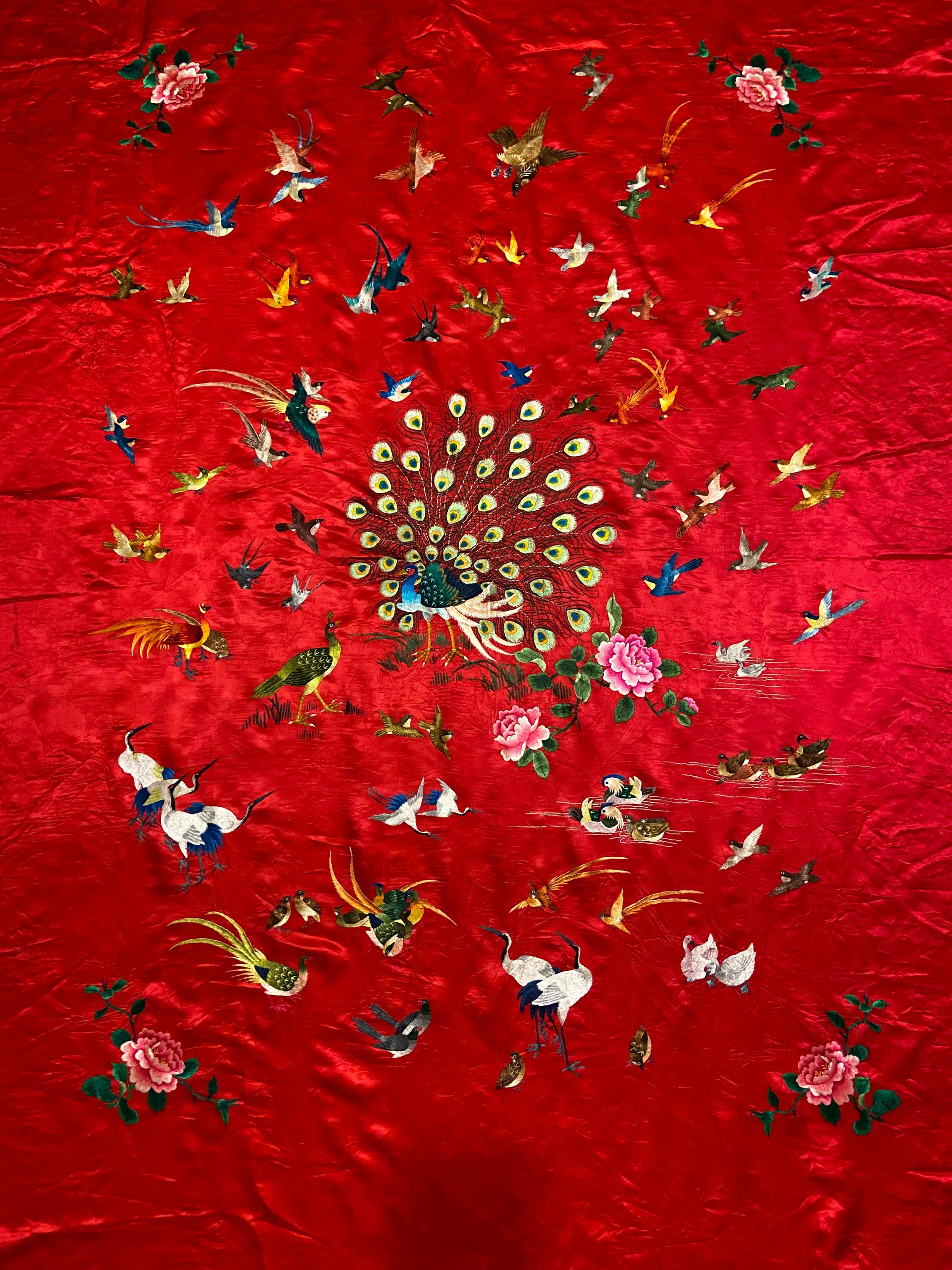 ヴィンテージ中国シルク刺繍パネル、手縫いの鳥のアート（72 x 54