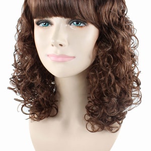 Brunette Long Curly wig with Bangs and  Kanekalon fibers cosplay high density Made in America