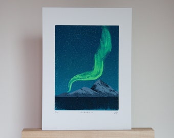AURORA II ↠ A4 ↠ Norway, Iceland, Northern Lights, Aurora Borealis, Mountains, Winter Landscape, Stars ↠ Original Linocut + Monotype Print