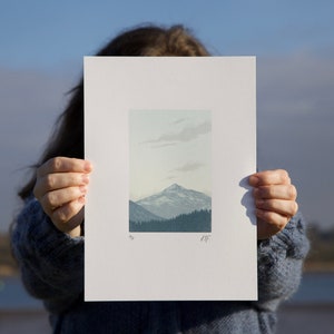 Mountain Dusk A4 Print Scottish Highlands, Mountain Landscape Limited Edition Original Reduction Linocut image 1
