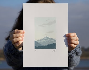 Mountain Dusk ↠ A4 Print ↠ Scottish Highlands, Mountain Landscape ↠ Limited Edition Original Reduction Linocut