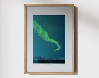 AURORA IV ↠ A3 ↠ Norway, Iceland, Northern Lights, Aurora Borealis, Mountains, Winter Landscape, Stars ↠ Original Linocut + Monotype Print