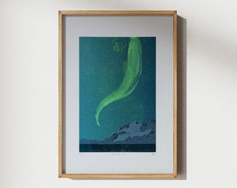 AURORA III ↠ A3 ↠ Norway, Iceland, Northern Lights, Aurora Borealis, Mountains, Winter Landscape, Stars ↠ Original Linocut + Monotype Print