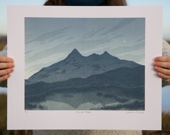 Crescent Ridge ↠ A2ish ↠ Scottish Highlands, Isle of Skye, Cuillin Ridge, Mountain Landscape ↠ Limited Edition Original Reduction Linocut