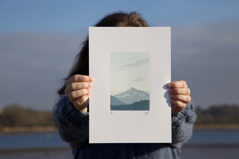 Mountain Dusk A4 Print Scottish Highlands, Mountain Landscape Limited Edition Original Reduction Linocut image 1