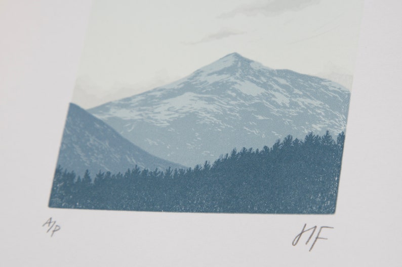 Mountain Dusk A4 Print Scottish Highlands, Mountain Landscape Limited Edition Original Reduction Linocut image 9