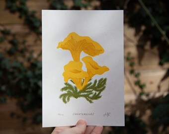 Chanterelles ↠ Mushrooms Fungi Cottagecore Art ↠ A5 ↠ Original Linocut Print ↠ Woodland Series by Hannah Farthing