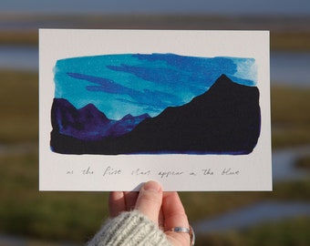 In The Blue ↠ A5 Print ↠ Scotland, Scottish Highlands, Isle of Skye, Cuilllin Mountains, Illustration, Quote, Poetry