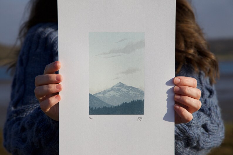 Mountain Dusk A4 Print Scottish Highlands, Mountain Landscape Limited Edition Original Reduction Linocut image 2