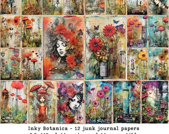 Artsy Floral Junk Journal Digital Paper Pack, Inky Botanica, Mixed media style, set of 12 papers, digital download