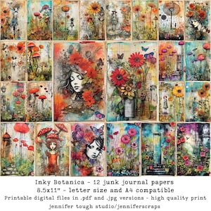 Pack de papier numérique Artsy Floral Junk Journal, Inky Botanica, style technique mixte, ensemble de 12 papiers, téléchargement numérique