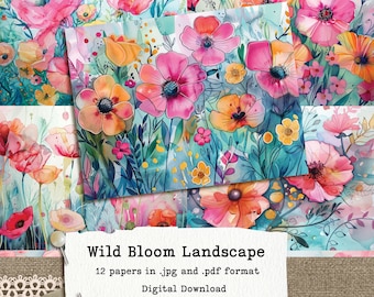 Wildflower digital paper, Wildbloom 2, 8.5x11" plus A4 landscape mode paper pack. Collage paper, junk journal, Commercial Use.