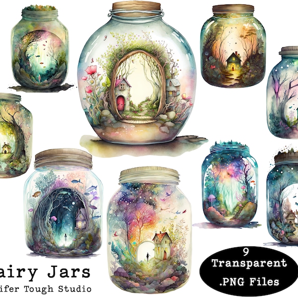 Fairy Jars - Portal to the fairy realm in a jar. Large PNG files, watercolor style, digital download, Transparent Background, Commercial Use