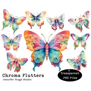 Chroma Flutters: Große 12 "transparente .png Clip Art Pack. Regenbogenmotten und Schmetterlinge im Aquarellstil. Kommerzielle Nutzung