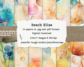 Beach Bliss Digital Papers, Beach Theme Scrapbooking Printable, Seashell & Ocean Craft illustrations, 12 Designs, 8.5x11, 300 dpi