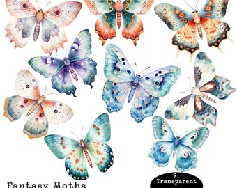 Fantasy Moths, Large 12" transparent .png files. Commercial use moth and butterfly clipart. Instant Download.