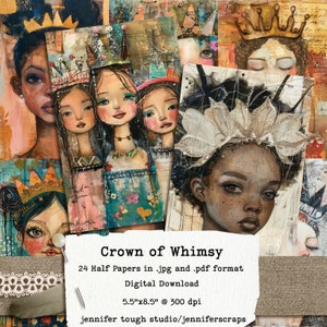 Whimsical Girls Junk Journal Half Papers 5.5x8.5", juego de 24, Crown of Whimsy, Descarga instantánea, listo para imprimir, uso comercial.