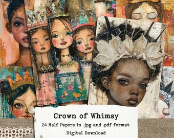 Whimsical Girls Junk Journal Half Papers 5.5x8.5", set of 24, Crown of Whimsy, Instant Download, ready to print, commercial use.