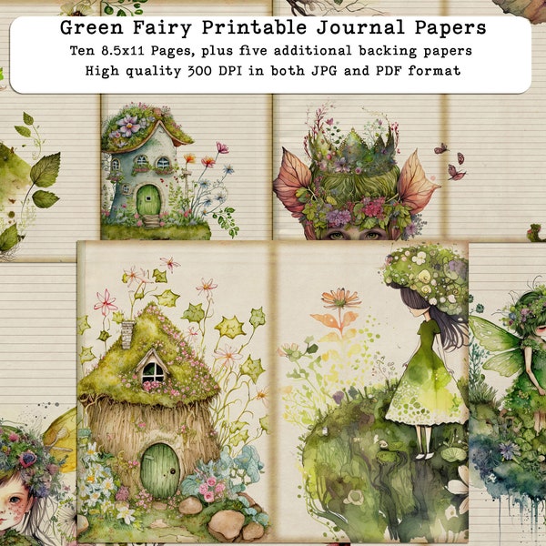 Green Fairy Junk Journal Pages for journals, scrapbooking and Papercrafts. Set of 15 assorted printable papers. Digital Download.