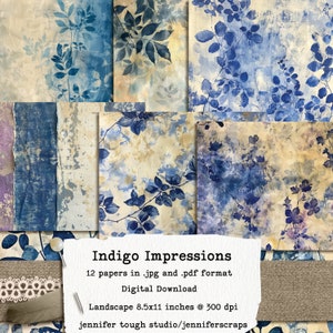 Indigo eco-dye-stijl papierpakket, Blue Botanicals, hoogwaardig dagboek- en plakboekpapier, 12 unieke ontwerpen, afdrukbaar landschap 8,5 x 11, landschap