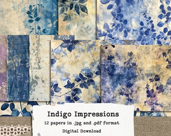 Indigo Eco Dye Style Paper Pack, Blue Botanicals, High-Quality Journal and Scrapbook Papers, 12 Unique Designs, 8.5x11 Printable Landscape