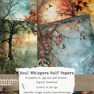Soul Whispers 28 Half Papers, Seasonal Nature Digital Journal Papers, 5,5x8,5" plus ATC-kaarten, commercieel gebruik.