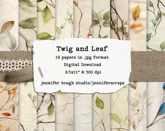 Twig and Leaf Digital Printable Paper, 8.5x 11" at 300 dpi for journals, scrapbooking, paper crafts, commercial use