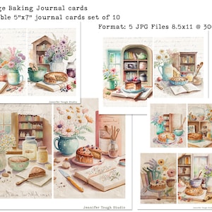 Könnte beinhalten: Ein Set mit 10 druckbaren Journalkarten im Format 12,7 x 17,8 cm, die Aquarell-Illustrationen von Cottagecore-Backszenen zeigen. Die Karten zeigen eine Vielzahl von Backzutaten, Werkzeugen und fertigen Backwaren, alles vor dem Hintergrund einer gemütlichen Cottage-Küche. Die Karten sind perfekt, um Ihrem Journal oder Planer einen Hauch von Charme zu verleihen.
