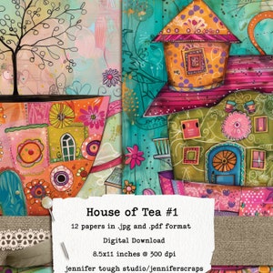 Paquet de papier numérique House of Tea : pages de journal fantaisistes en tasse de thé - 12 papiers et 3 cartes de journal en prime, 8,5 x 11", 300 dpi, téléchargement imprimable