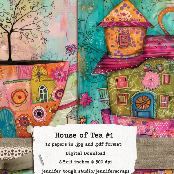 House of Tea Digital Paper Pack: Whimsical Teacup Journal Pages - 12 papers & 3 Bonus Journal Cards, 8.5x11", 300dpi, Printable Download