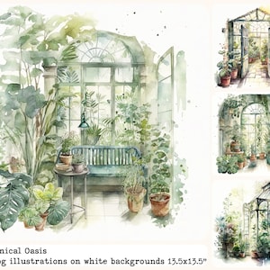 Botanical Oasis, Greenhouse Watercolour Style clipart Illustration, .jpg format, instant digital download, commercial use