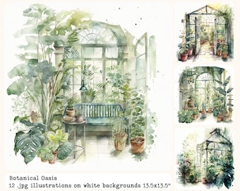 Botanische Oase, Gewächshaus Aquarell-Stil Clipart-Illustration, .jpg-Format, sofortiger digitaler Download, kommerzielle Nutzung