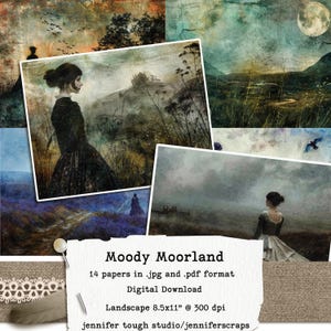 Stimmungsvolle Moorland Gothic Landschaft, 14 druckbare dunkle Atmosphärische Bilder in JPG und PDF, Vintage inspirierte Naturkunst für Junk Journals & Crafts