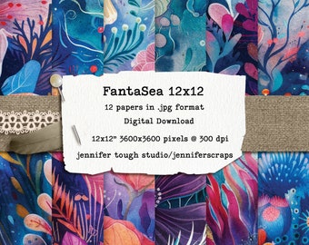 Fantasy Flowers and Corals Underwater Digital Scrapbook Paper Pack - 12x12 inches. Instant Download, Digital Backdrop.