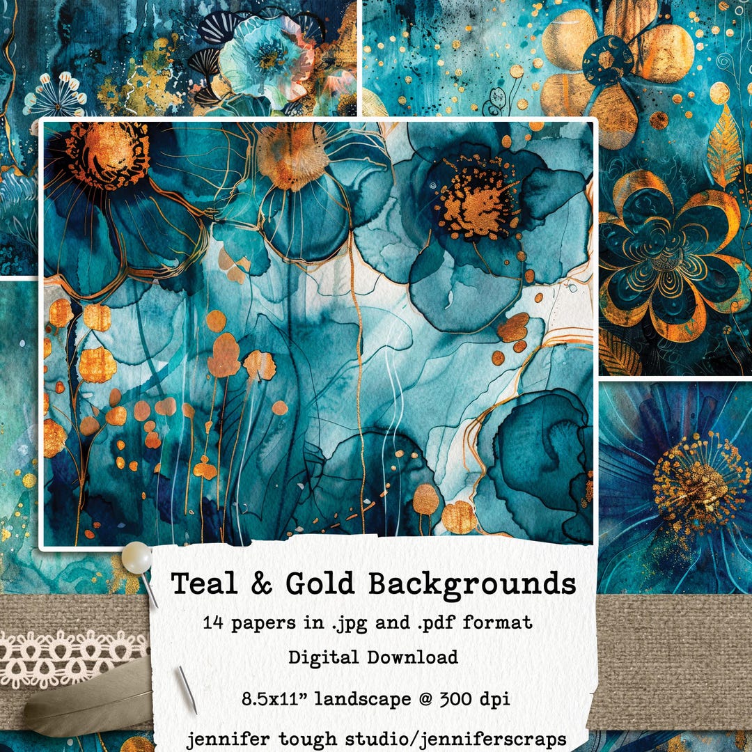 Teal and Gold Floral Paper Pack: Elegant Watercolor Backgrounds ...