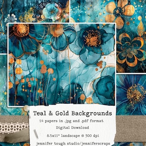 May include: Teal and gold digital paper backgrounds with abstract floral designs. 14 papers in .jpg and .pdf format. 8.5x11 inches landscape at 300 dpi. Digital download.