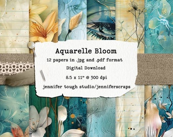 May include: Aquarelle Bloom digital paper pack with 12 papers in .jpg and .pdf format. The papers feature a watercolor style with floral designs in shades of blue, green, yellow, and white. The papers are 8.5 inches by 11 inches and 300 dpi.