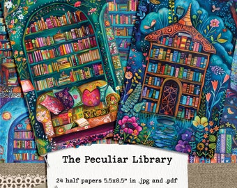 Peculiar Library, 26 Whimsical and Quirky Half-Papers & Journal Card Kit, commercial use, JPG and PDF Versions.