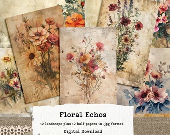 Vintage Inspired Printable Watercolor Flowers, Floral Echoes Paper Pack, 8.5x11 landscape and 8.5x5.5  half papers, Commercial use