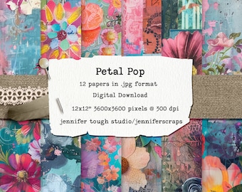 Petal Pop - Vibrant Floral and Fabric Block Digital Scrapbook Paper Pack, 12 Images, 12x12" at 300 DPI