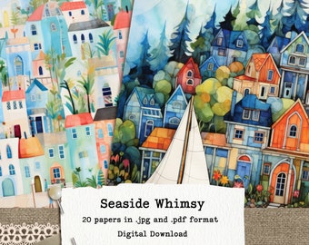 Seaside Whimsy: Whimsical Seaside Digital Paper Pack - Illustrations and Cards, 20 Sheets, 8.5x11, 300dpi, Instant Download