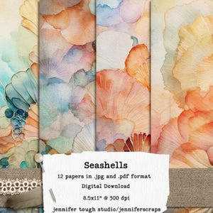 May include: A digital download of 12 watercolour seashell papers in a soft blue, pink, and orange colour scheme. The papers are 8.5 inches by 11 inches and 300 dpi. Seashells, digital download, watercolour, paper, printable.